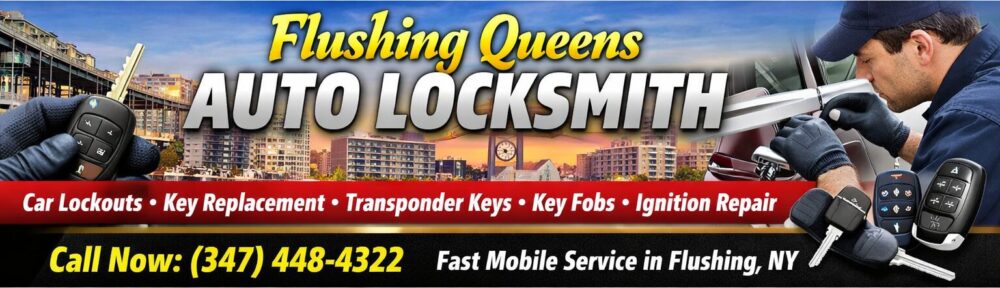 Flushing Queens Auto Locksmith header banner with car lockout, key replacement, transponder keys, key fobs, ignition repair and phone (347) 448-4322